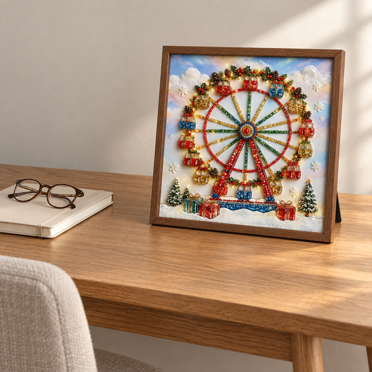 Christmas Ferris Wheel framed UV-relief art — 04 tabletop close