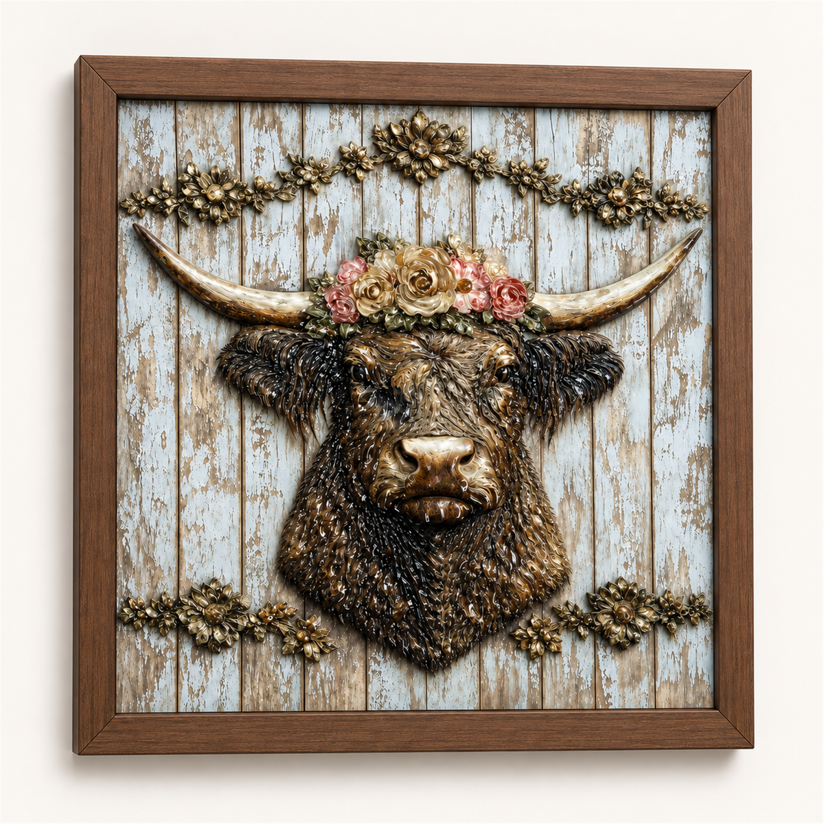 Flower Crown Highland Cow framed UV-relief art — front studio view