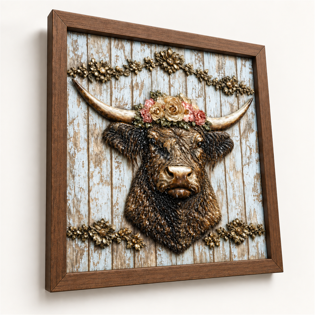 Flower Crown Highland Cow framed UV-relief art — 02 relief angle