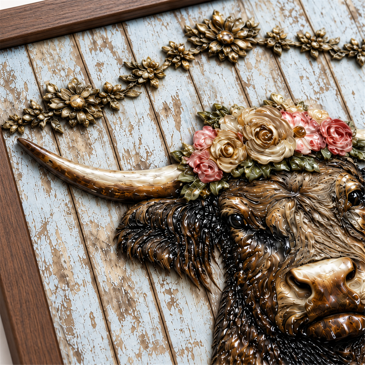 Flower Crown Highland Cow framed UV-relief art — 03 material detail