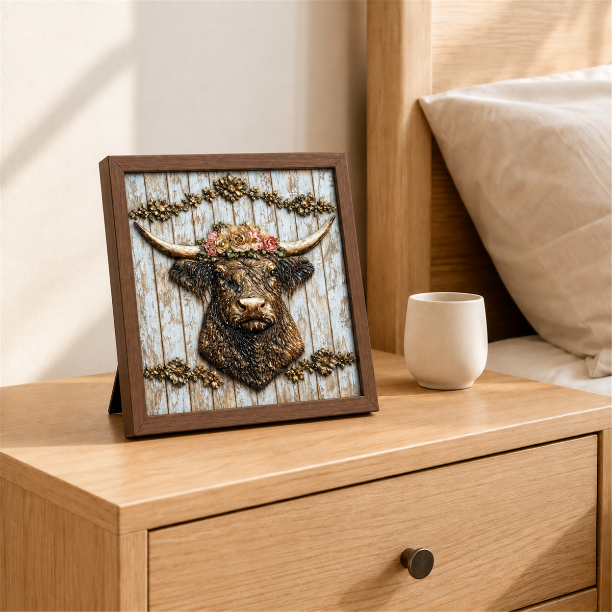 Flower Crown Highland Cow framed UV-relief art — 04 tabletop close