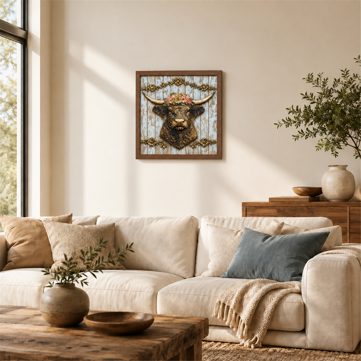 Flower Crown Highland Cow framed UV-relief art — 07 wall wide