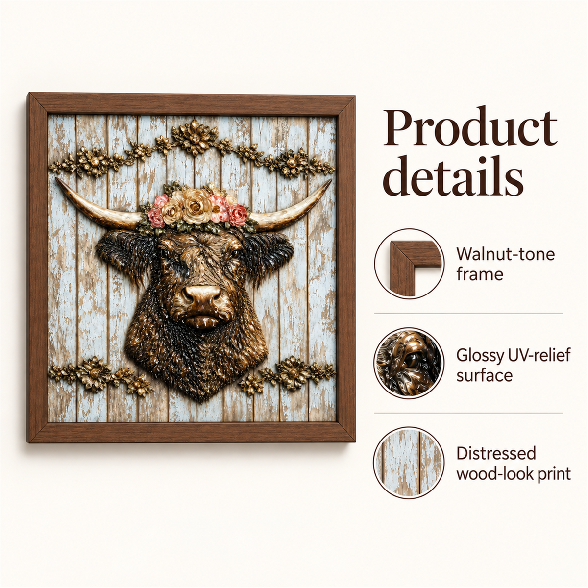 Flower Crown Highland Cow framed UV-relief art — 08 specifications
