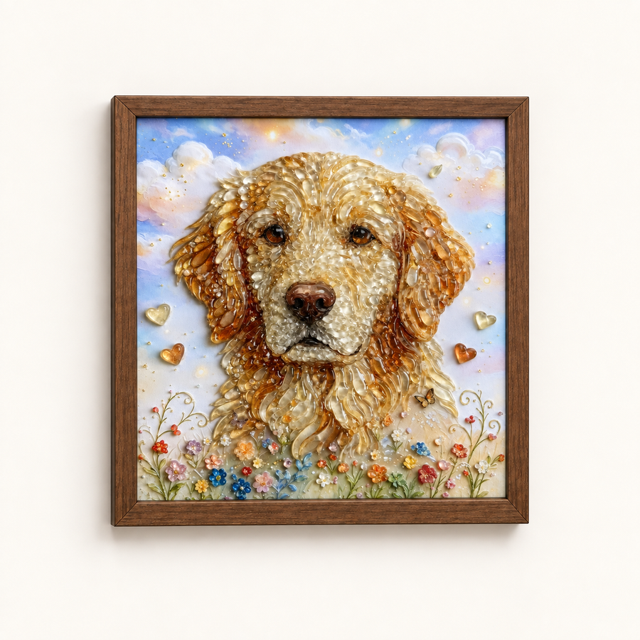 Golden Retriever Garden framed UV-relief art — front studio view