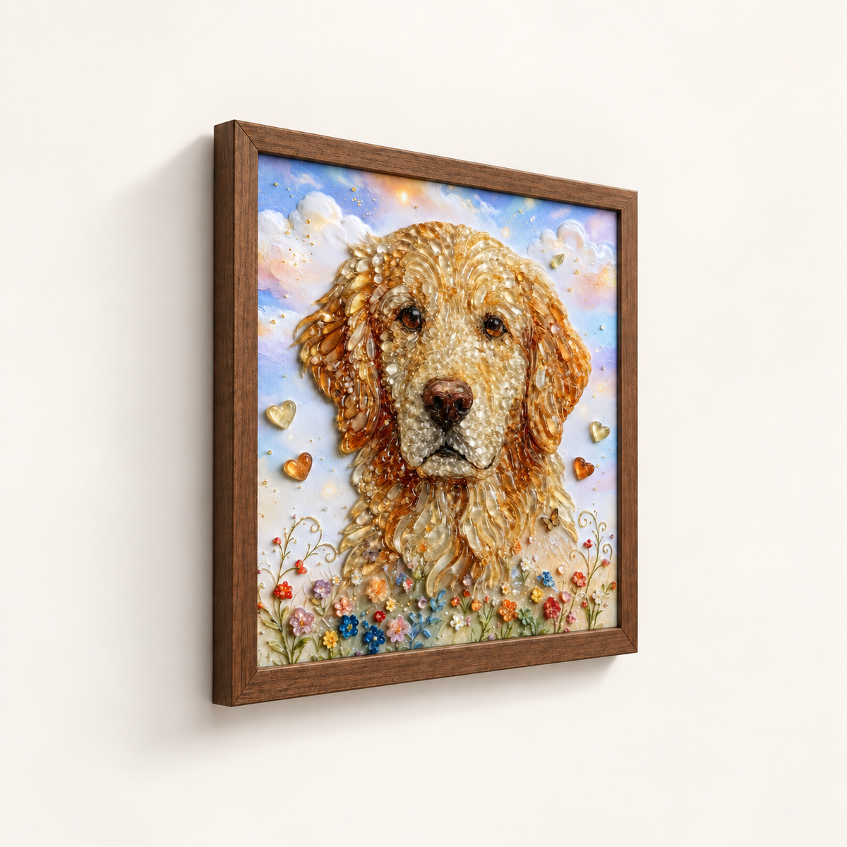 Golden Retriever Garden framed UV-relief art — 02 relief angle