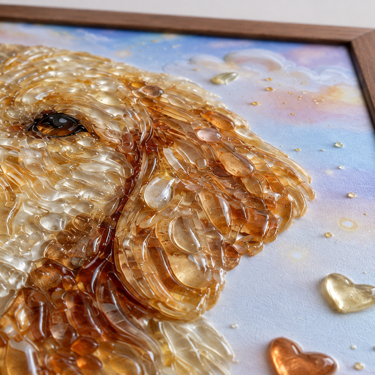 Golden Retriever Garden framed UV-relief art — 03 material detail