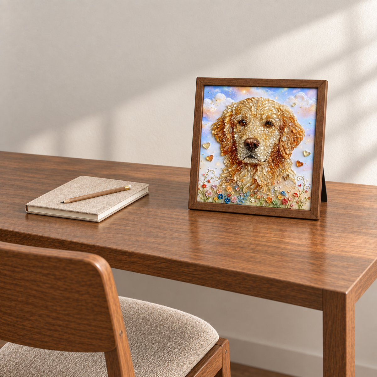 Golden Retriever Garden framed UV-relief art — 04 tabletop close