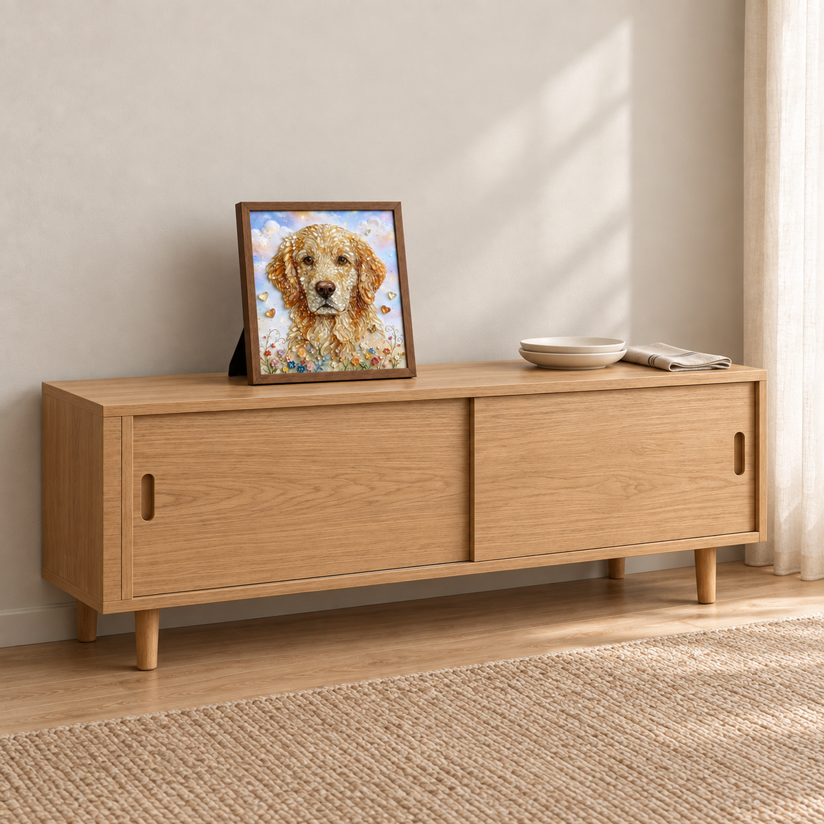 Golden Retriever Garden framed UV-relief art — 05 tabletop wide
