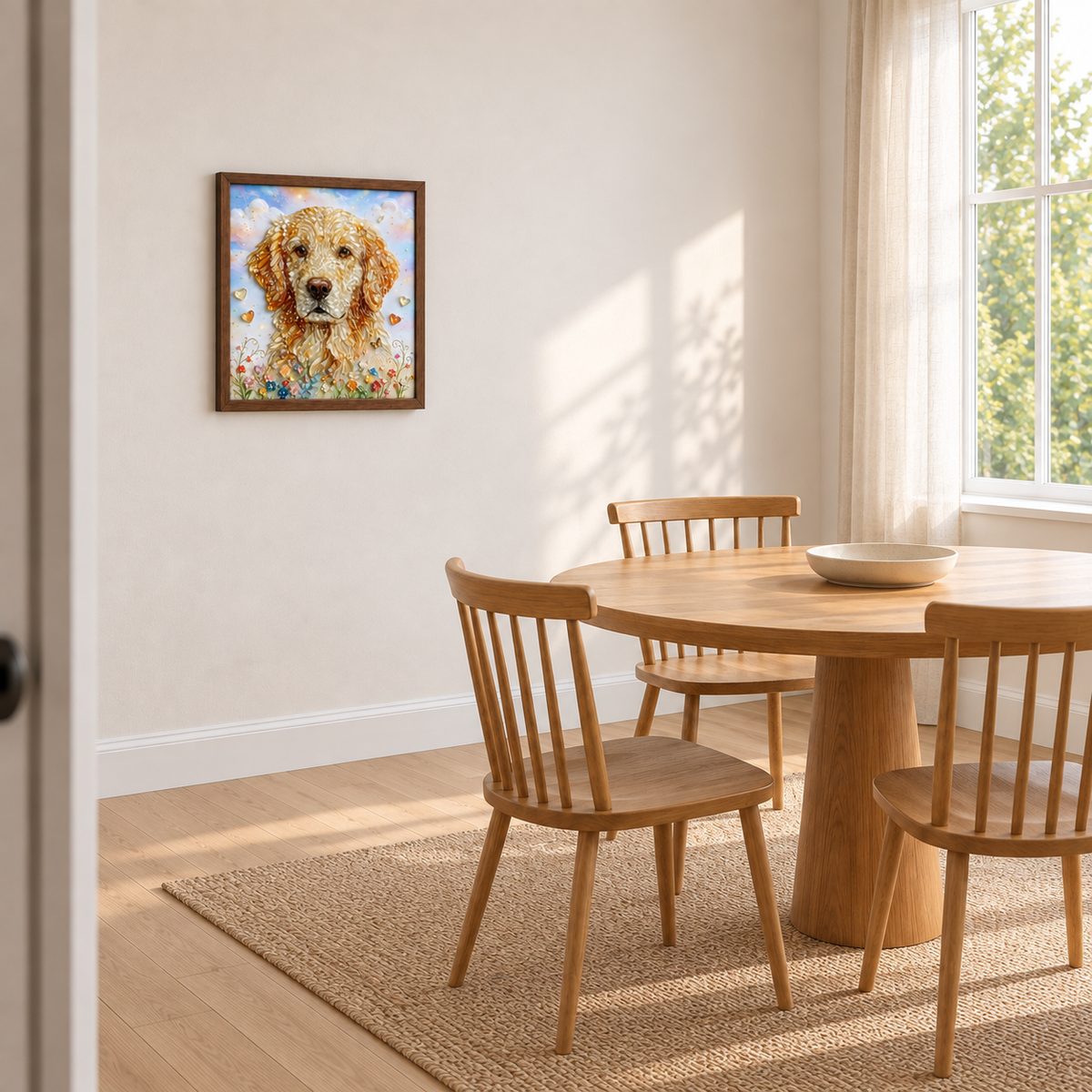 Golden Retriever Garden framed UV-relief art — 07 wall wide