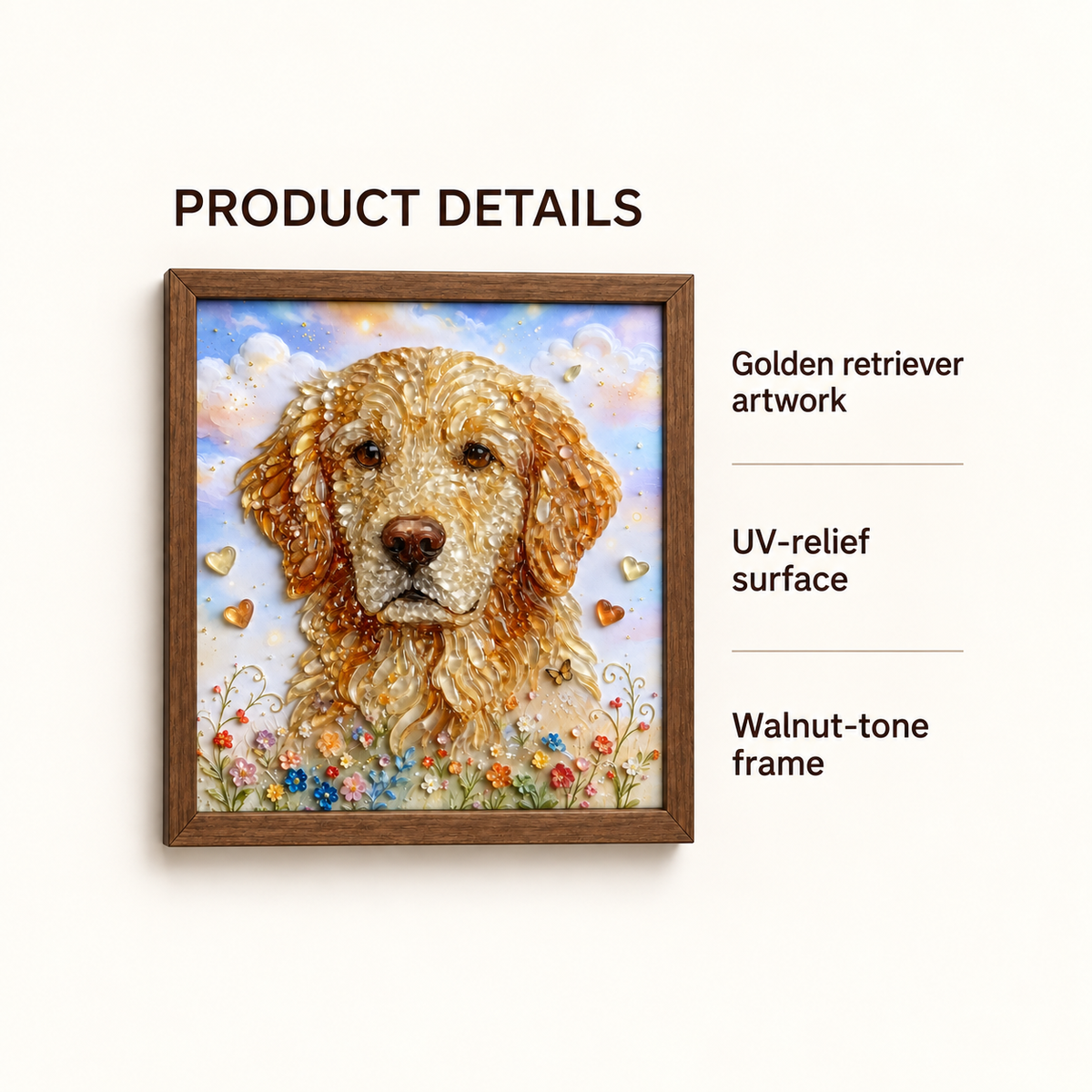 Golden Retriever Garden framed UV-relief art — 08 specifications