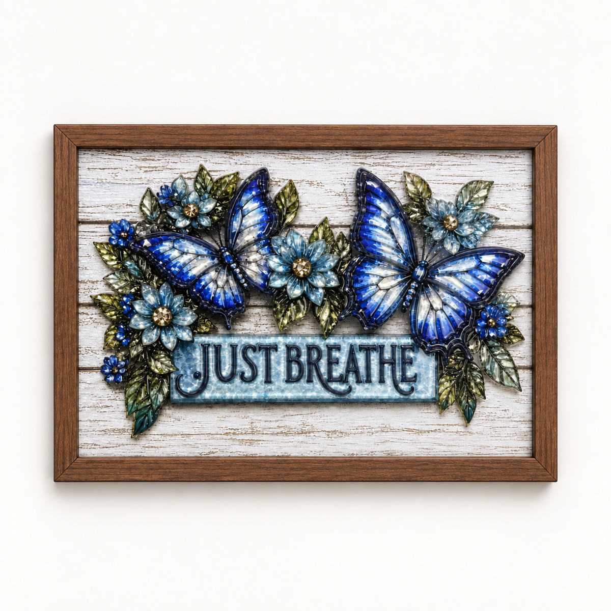 Just Breathe Butterflies framed UV-relief art — front studio view