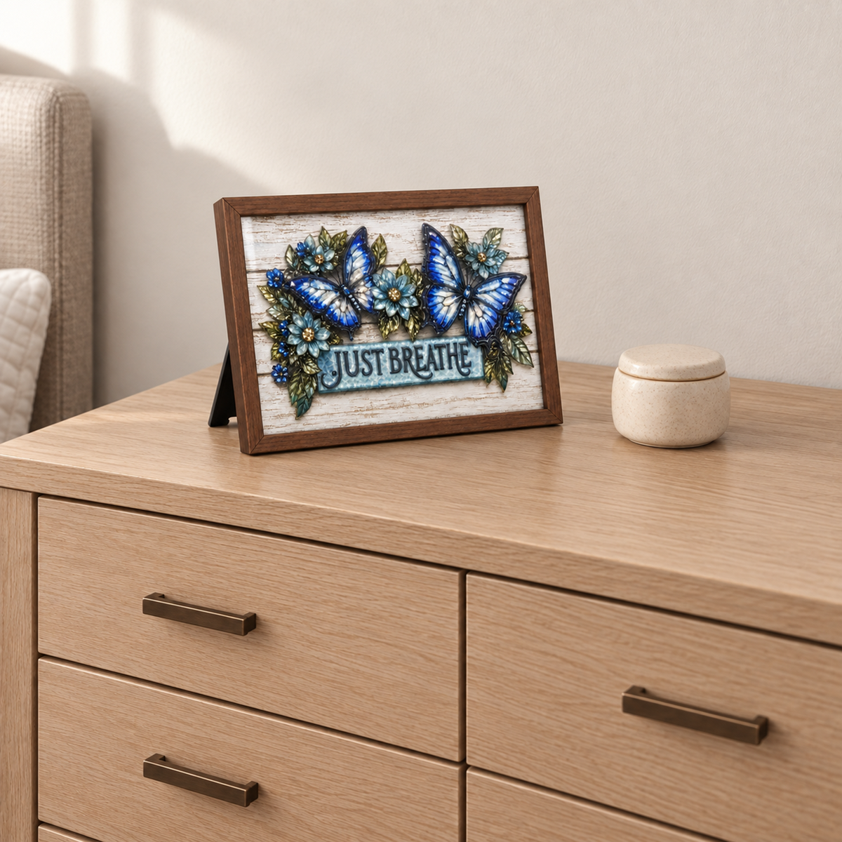 Just Breathe Butterflies framed UV-relief art — 04 桌面近景