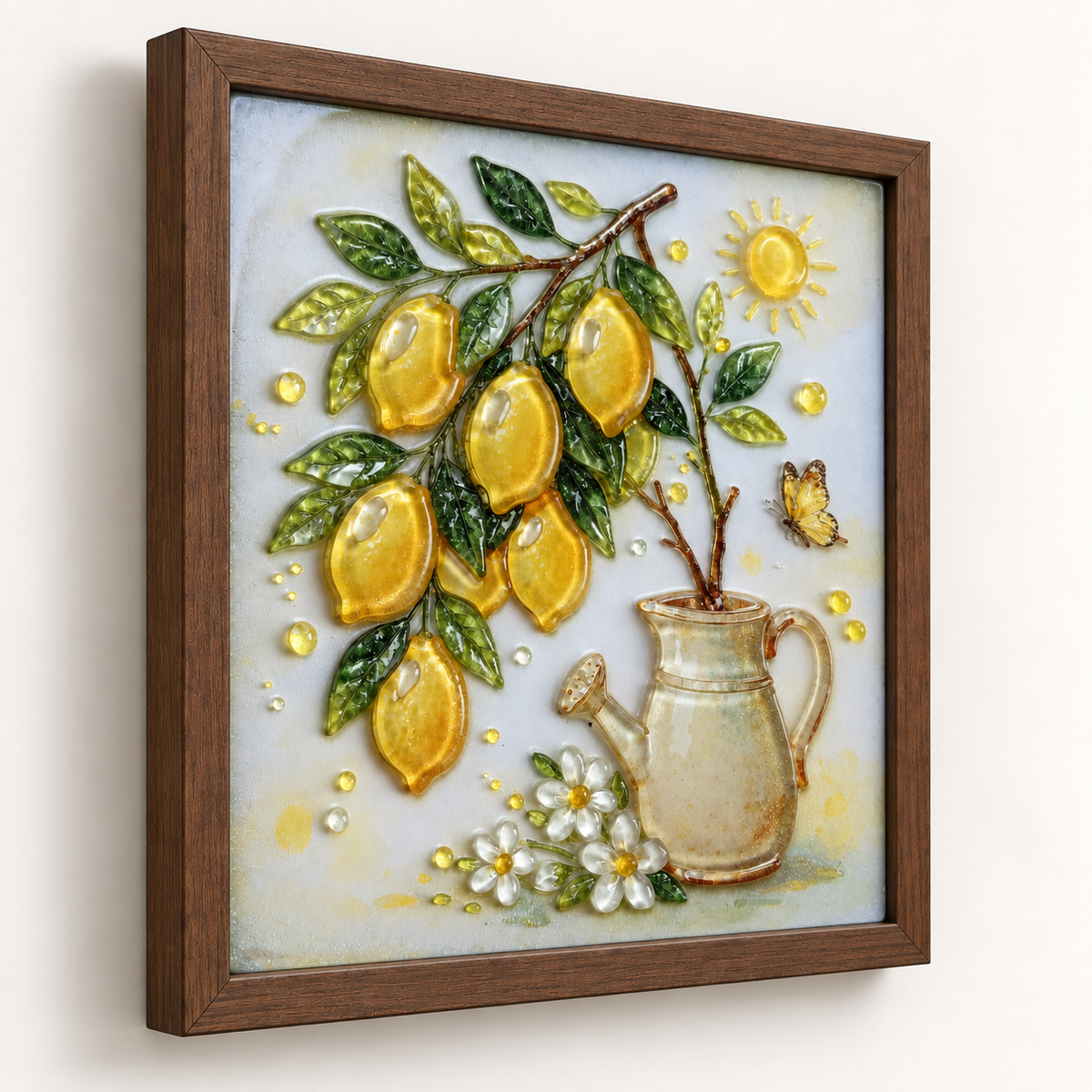 Lemon Garden framed UV-relief art — angle walnut