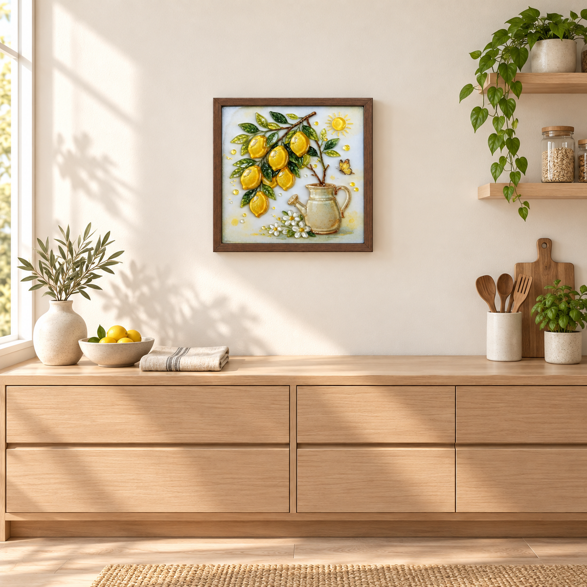 Lemon Garden framed UV-relief art — lifestyle kitchen