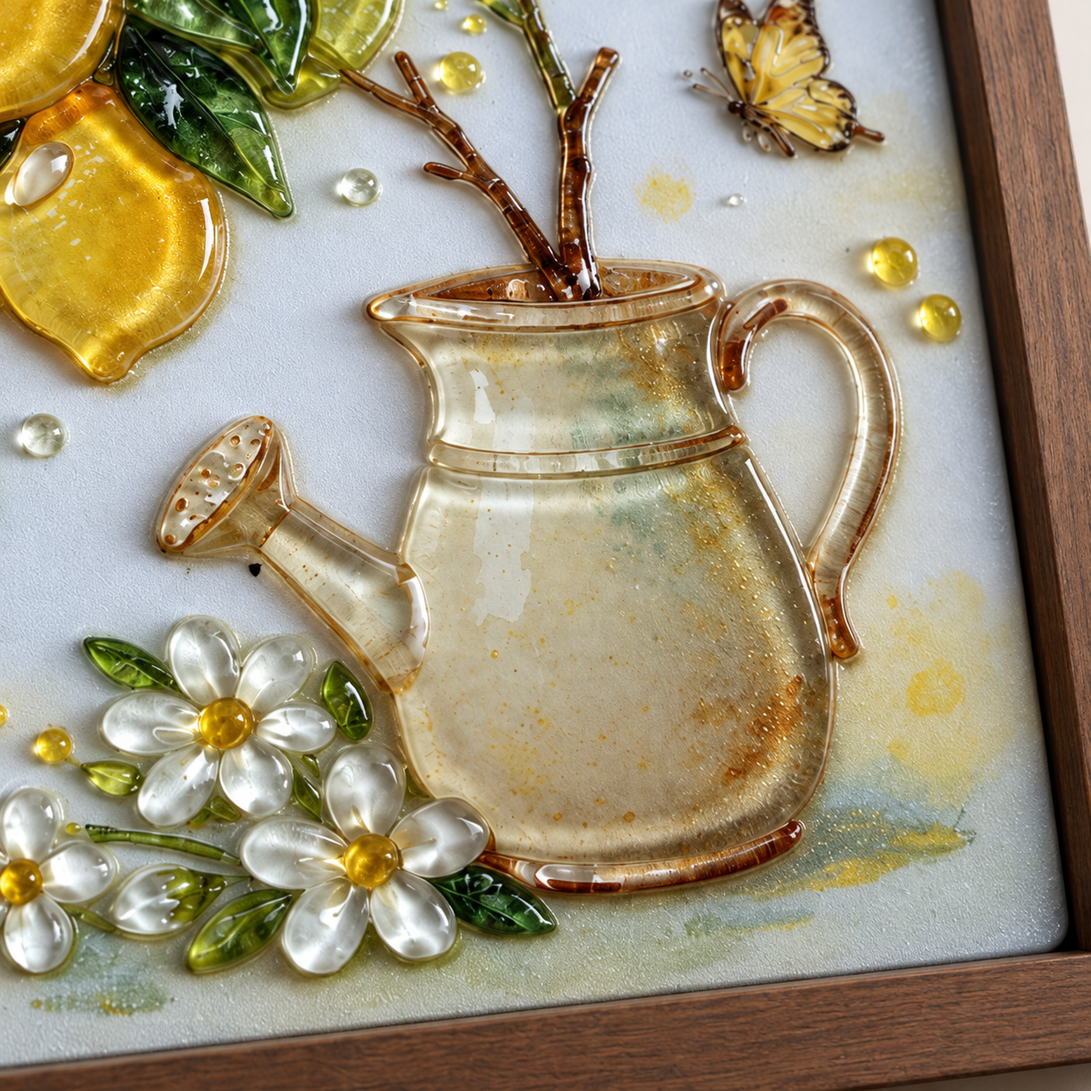 Lemon Garden framed UV-relief art — relief detail watering can