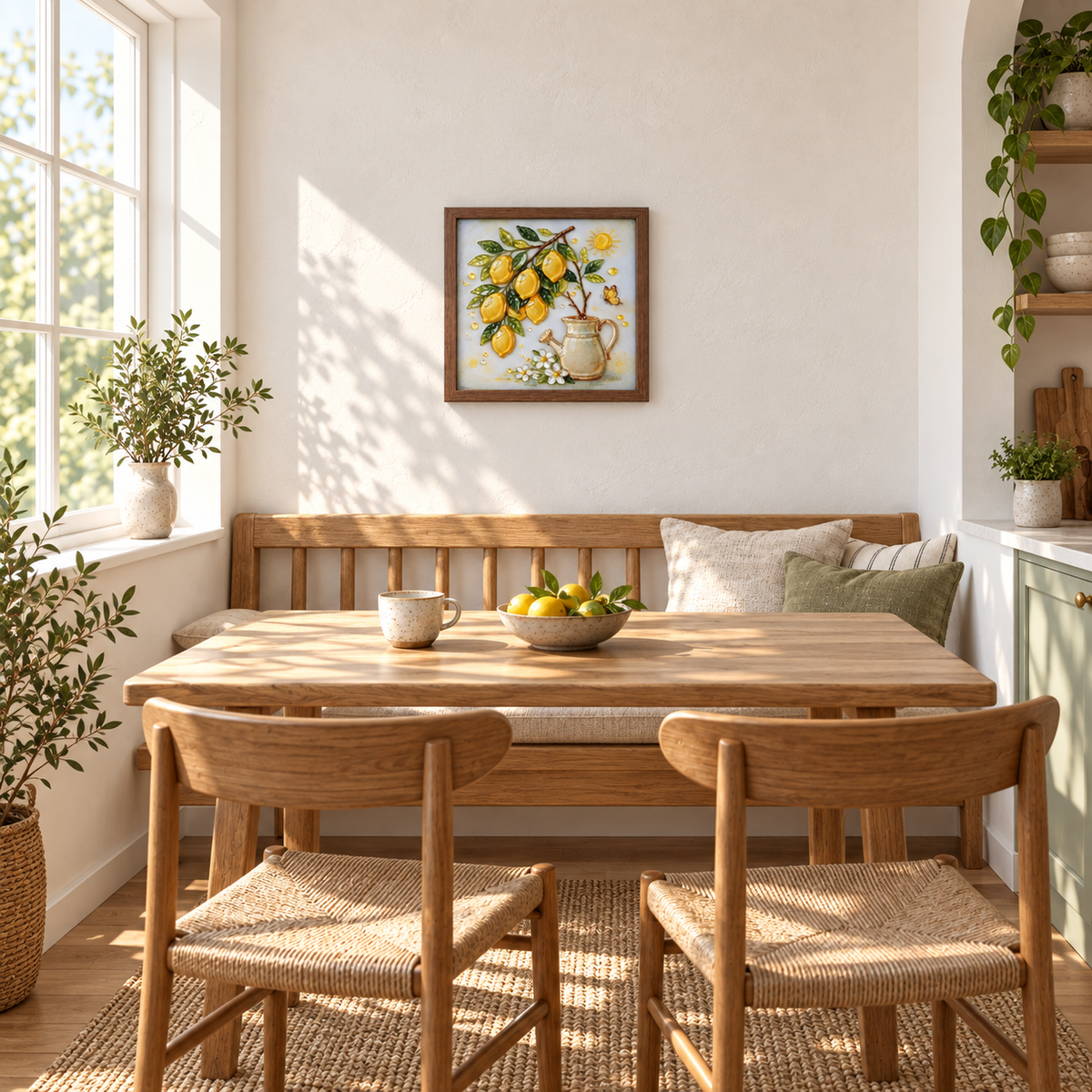 Lemon Garden framed UV-relief art — lifestyle breakfast nook