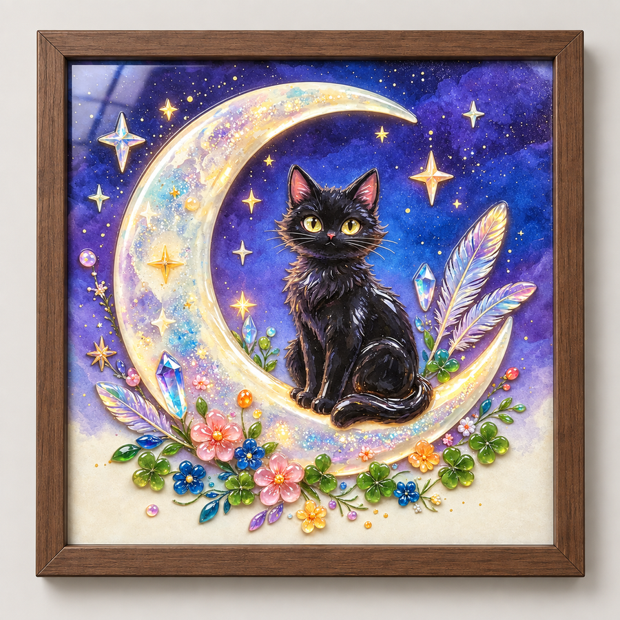 Moonlit Black Cat framed UV-relief art — front studio view
