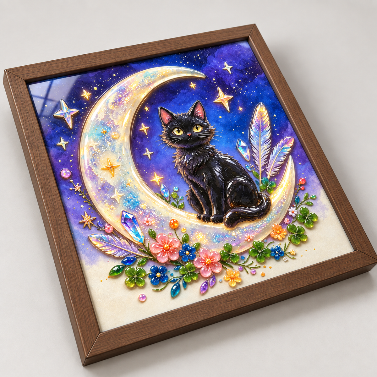 Moonlit Black Cat framed UV-relief art — 02 relief angle