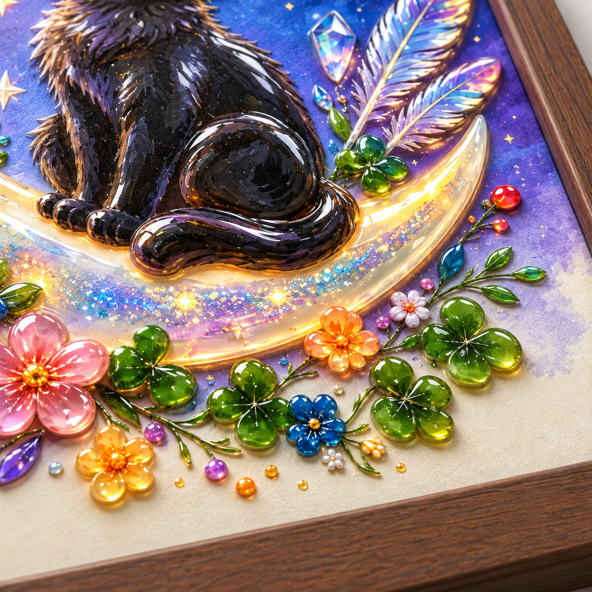 Moonlit Black Cat framed UV-relief art — 03 material detail