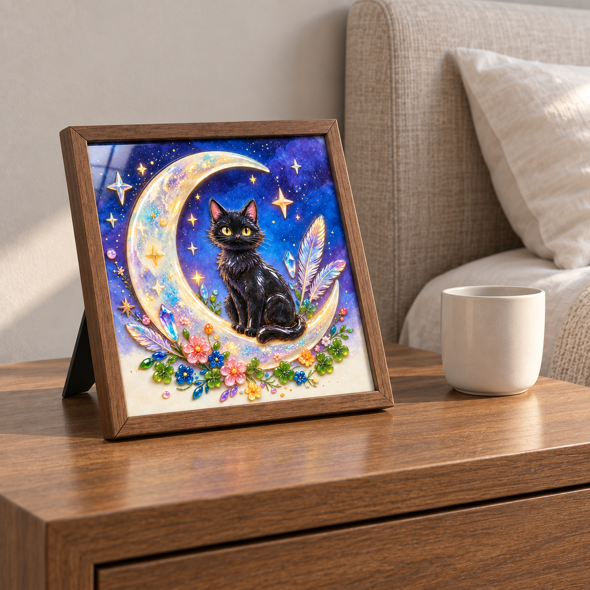 Moonlit Black Cat framed UV-relief art — 04 tabletop close