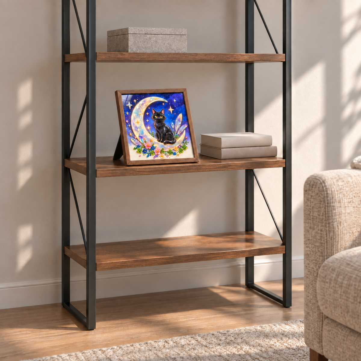 Moonlit Black Cat framed UV-relief art — 05 tabletop wide
