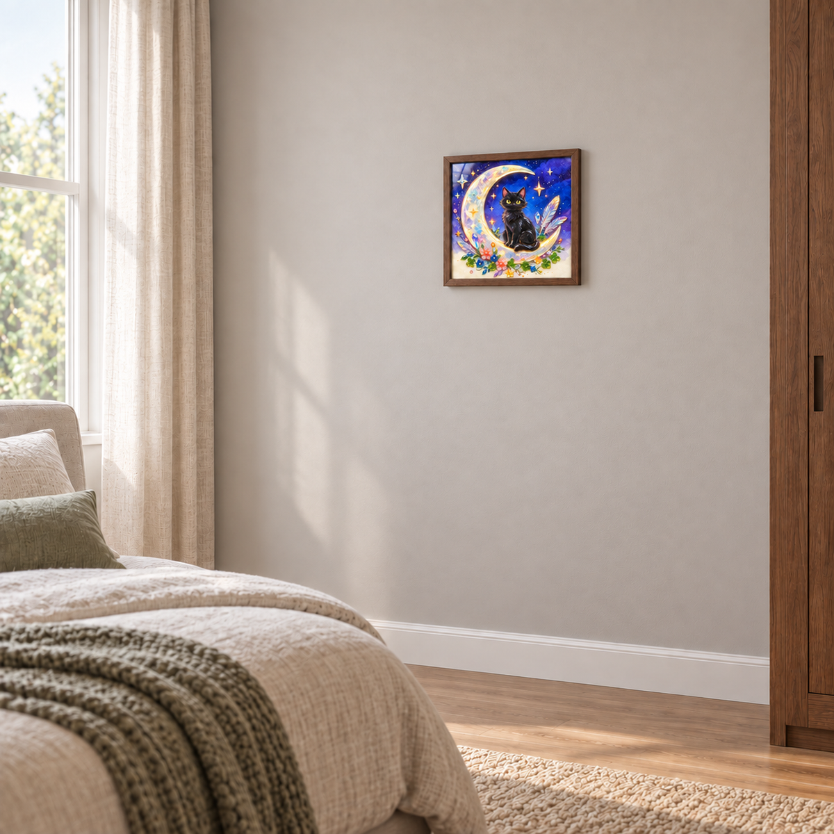 Moonlit Black Cat framed UV-relief art — 07 wall wide