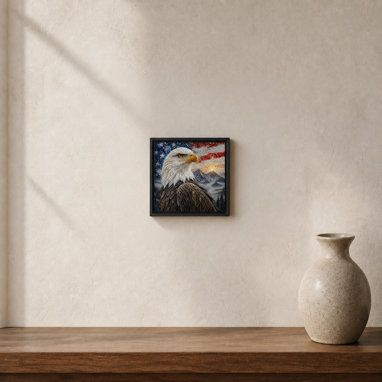 Bald Eagle framed relief art — room setting