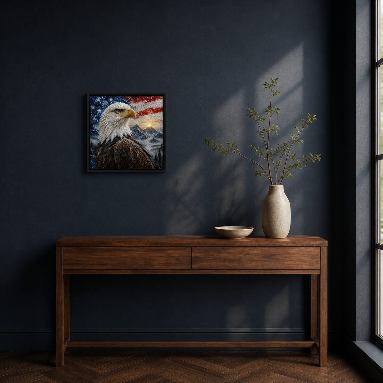 Bald Eagle framed relief art — styled interior