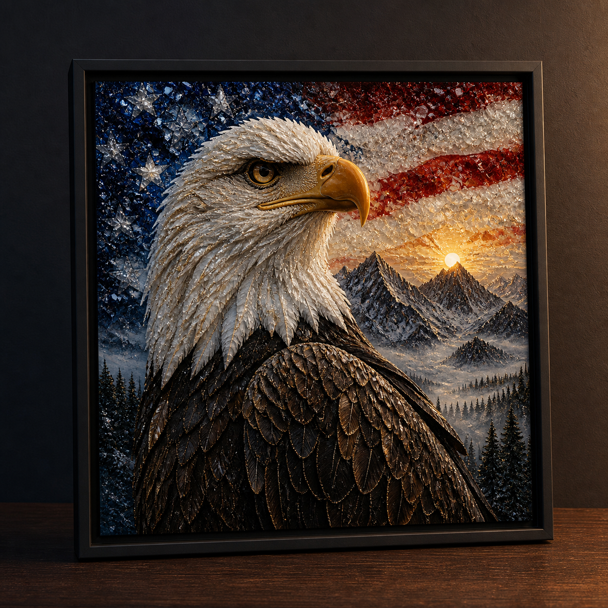 Bald Eagle framed relief art — close-up detail