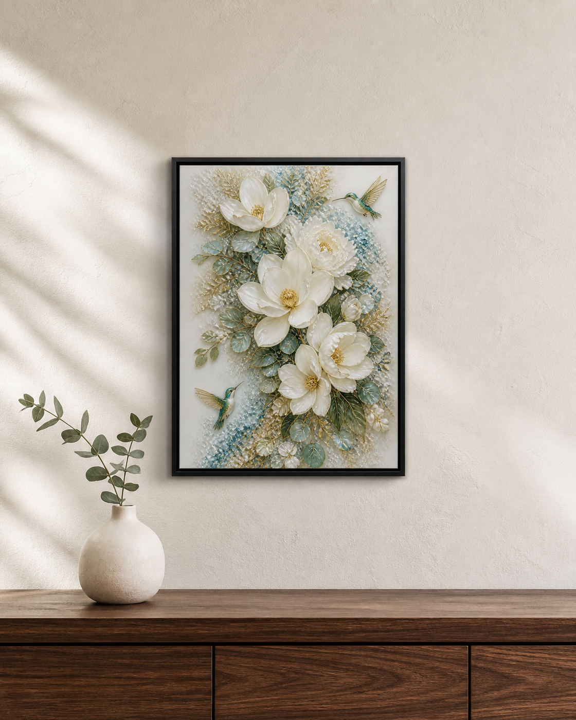 Magnolia Hummingbirds framed relief art — lifestyle view