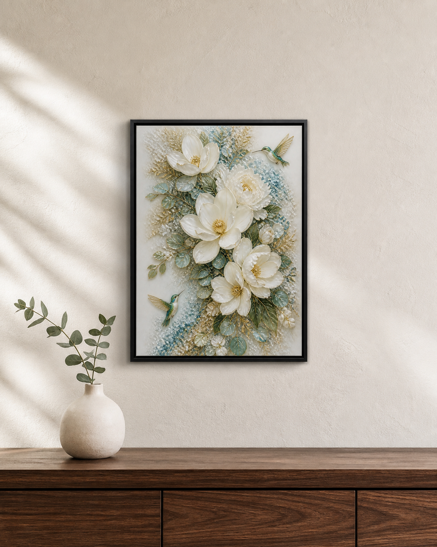 Magnolia Hummingbirds framed relief art — lifestyle view