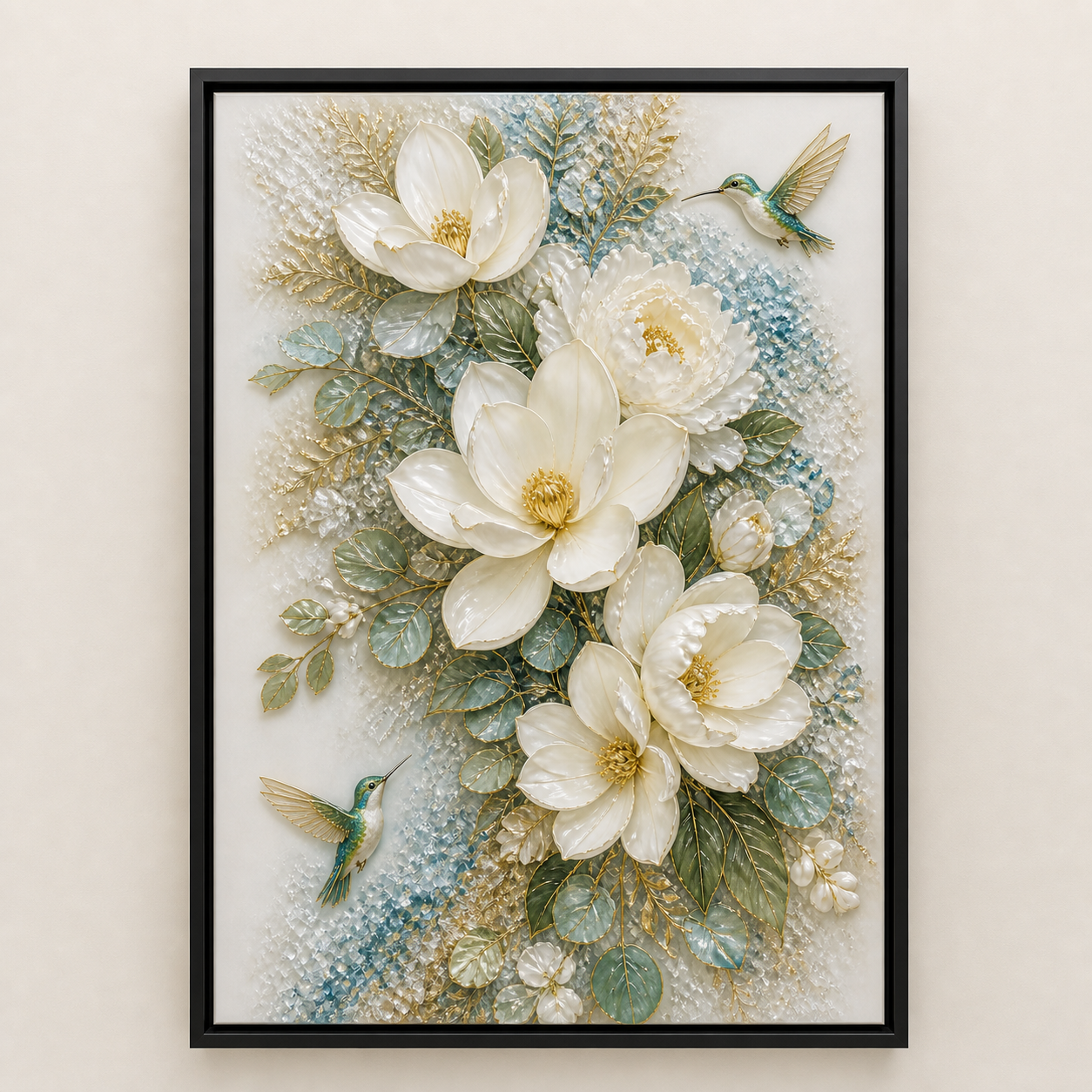 Magnolia Hummingbirds framed relief art — front view