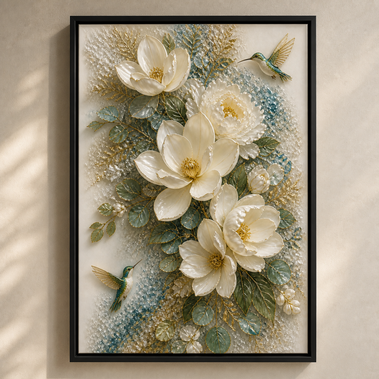 Magnolia Hummingbirds framed relief art — relief lighting view