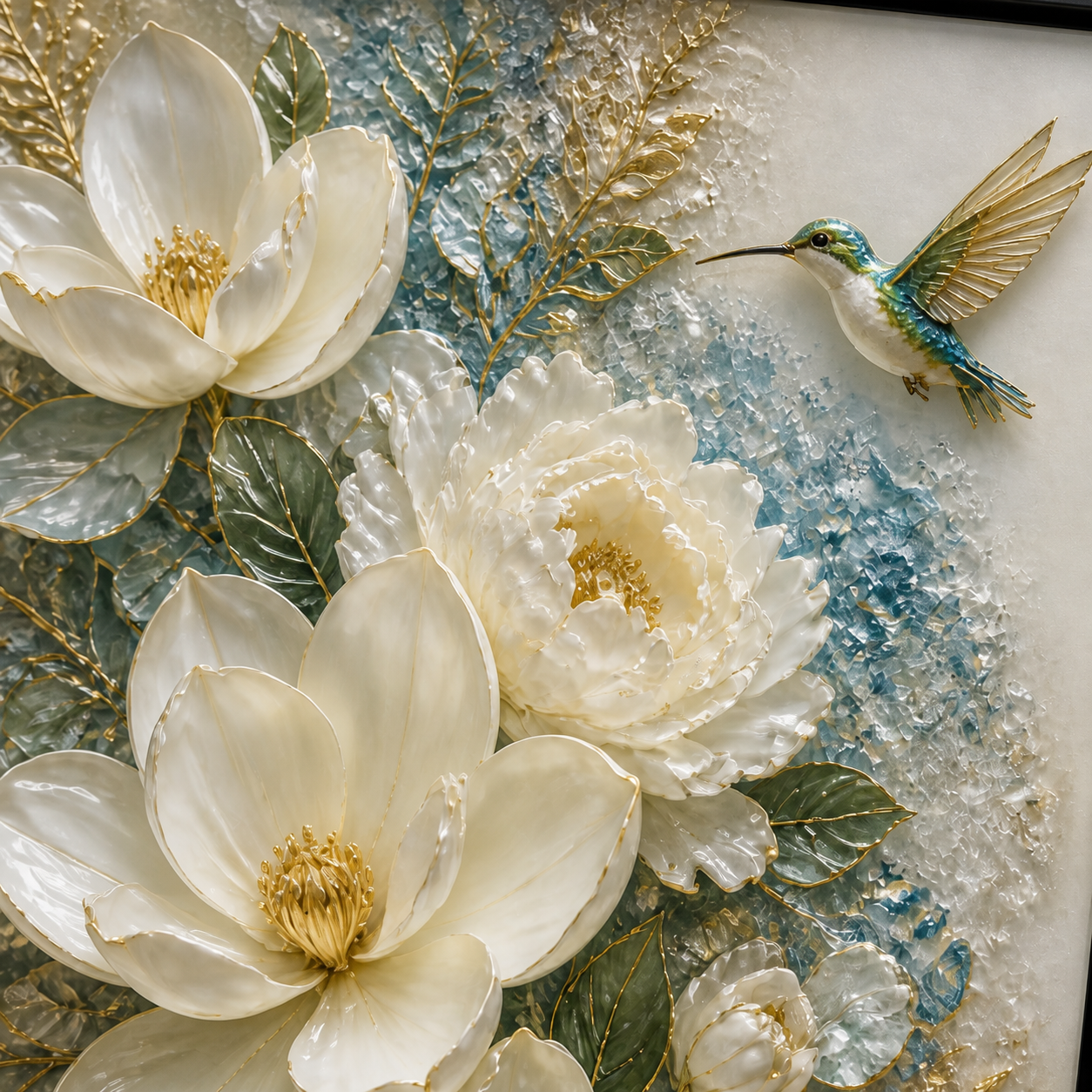Magnolia Hummingbirds framed relief art — relief detail