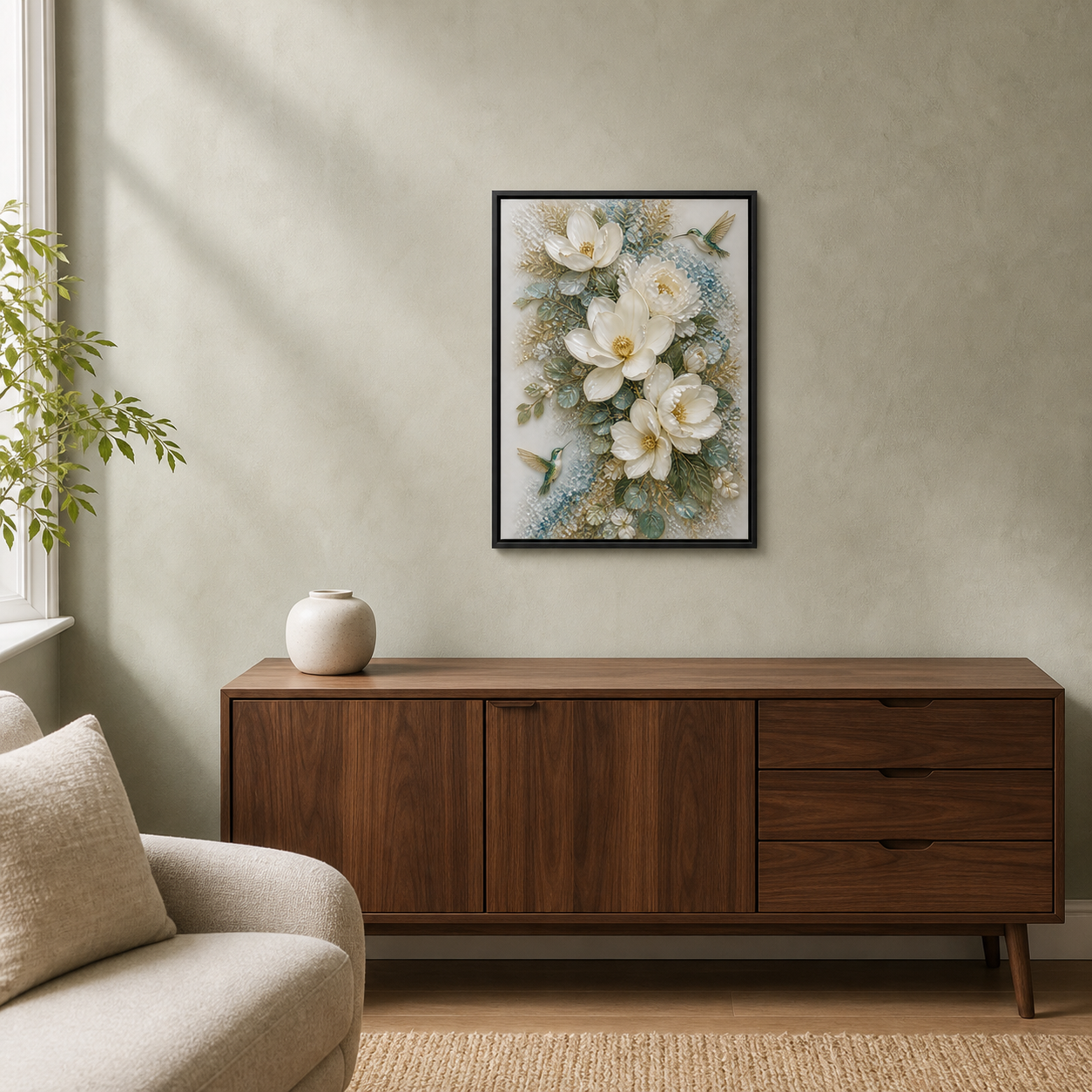 Magnolia Hummingbirds framed relief art — room setting