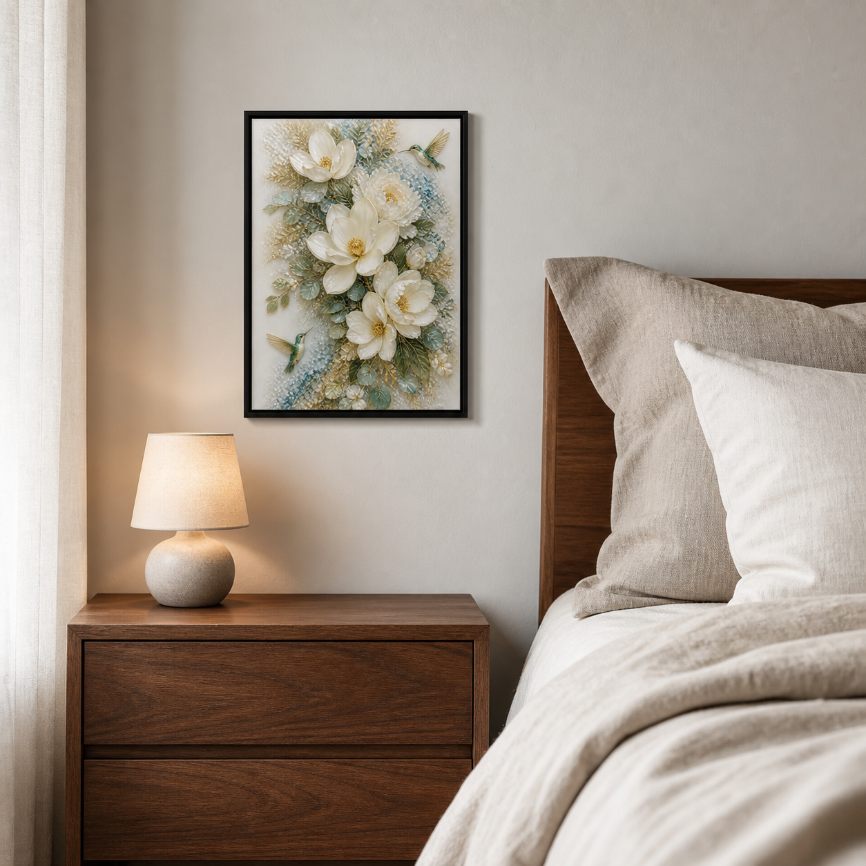 Magnolia Hummingbirds framed relief art — alternate room setting