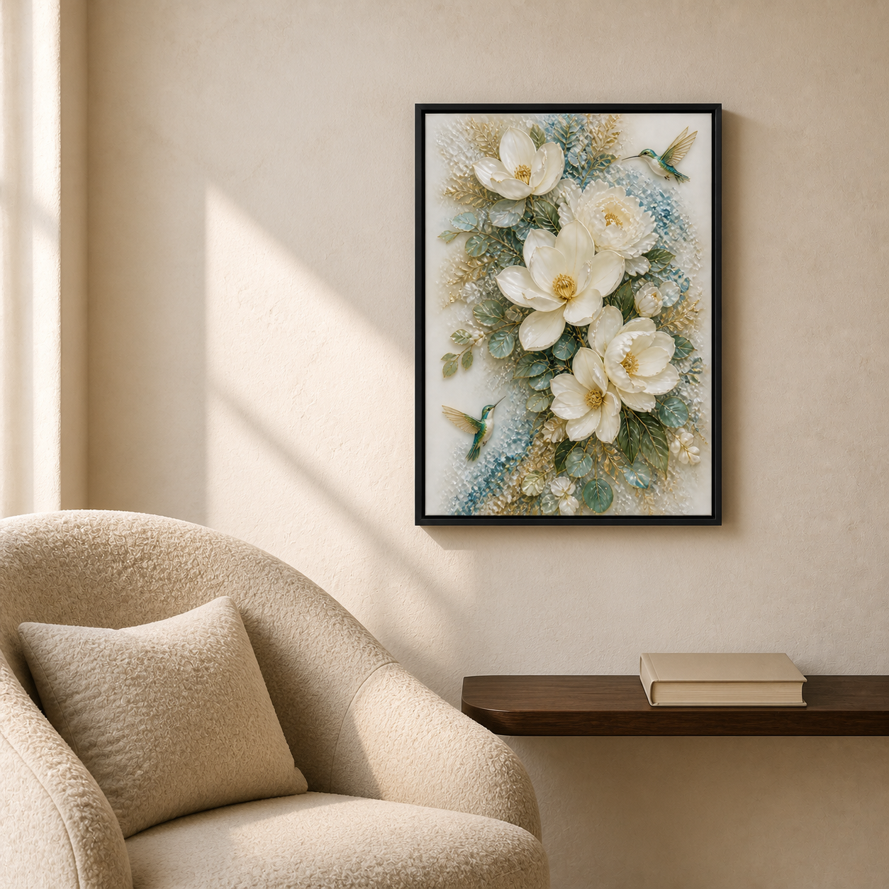 Magnolia Hummingbirds framed relief art — styled interior