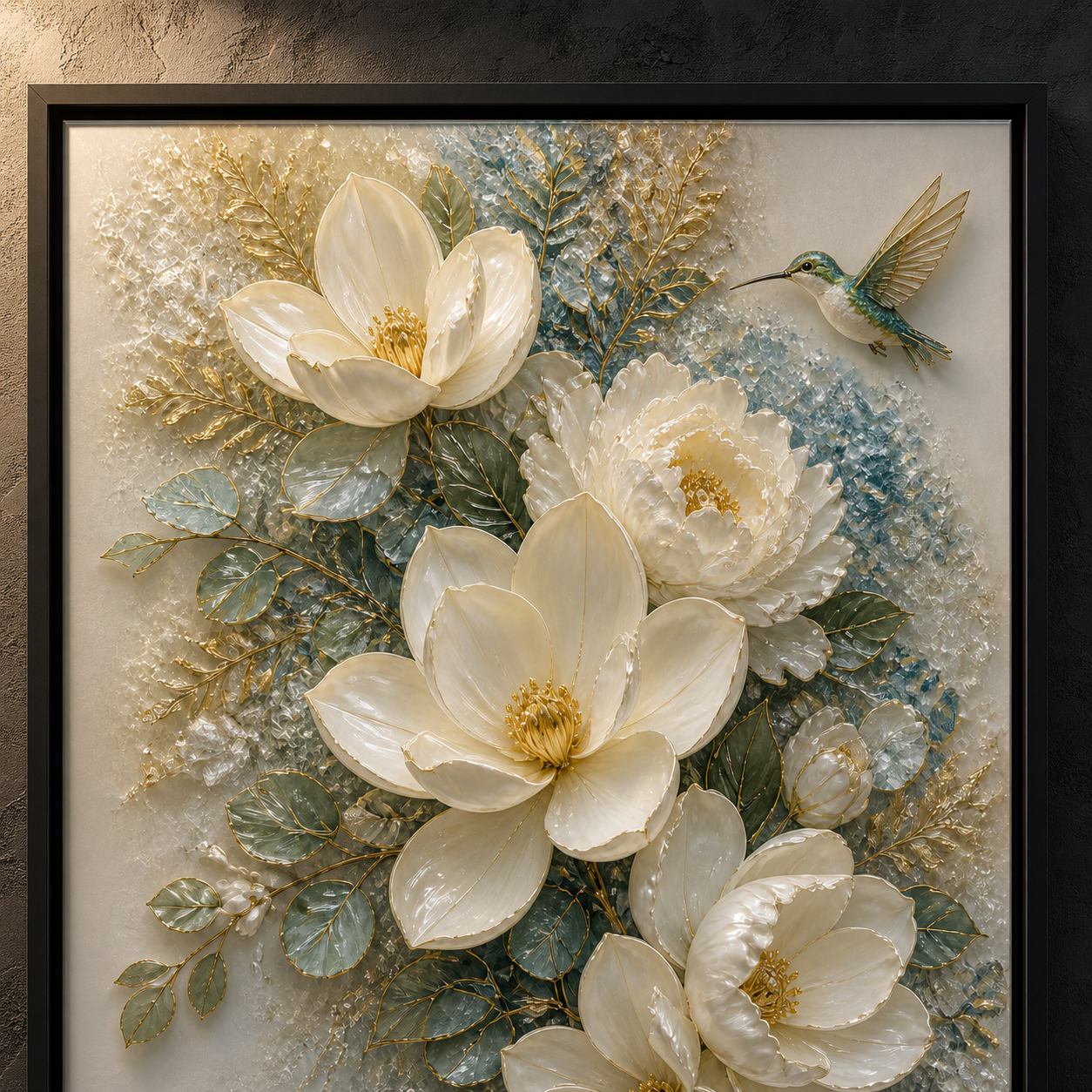 Magnolia Hummingbirds framed relief art — close-up detail