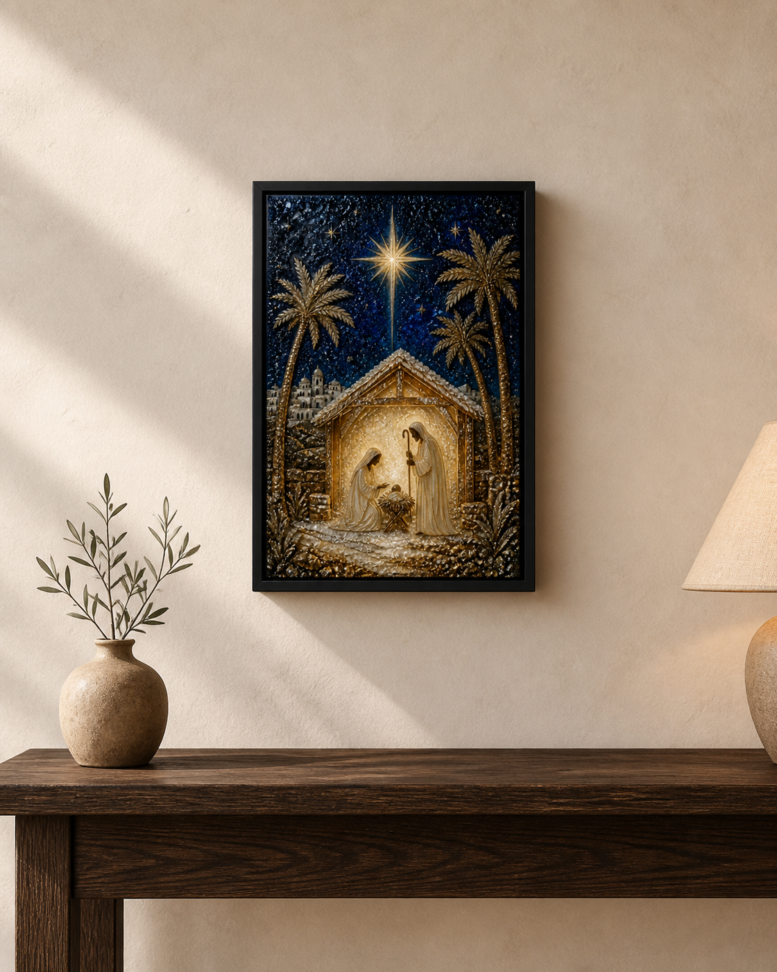 Bethlehem Night framed relief art — lifestyle view