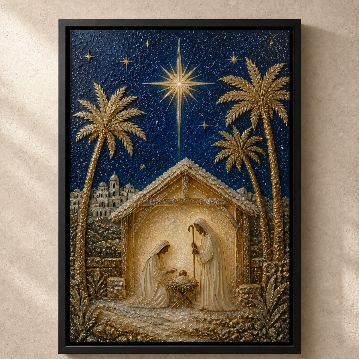 Bethlehem Night framed relief art — relief lighting view
