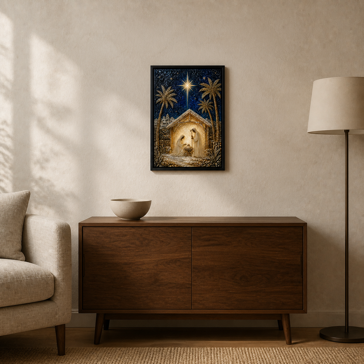Bethlehem Night framed relief art — room setting