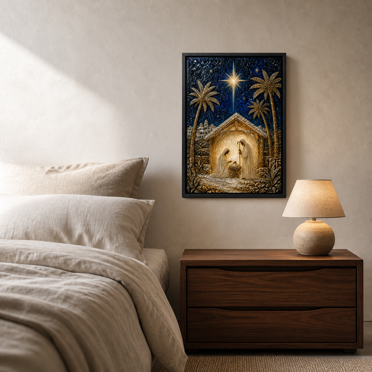Bethlehem Night framed relief art — alternate room setting