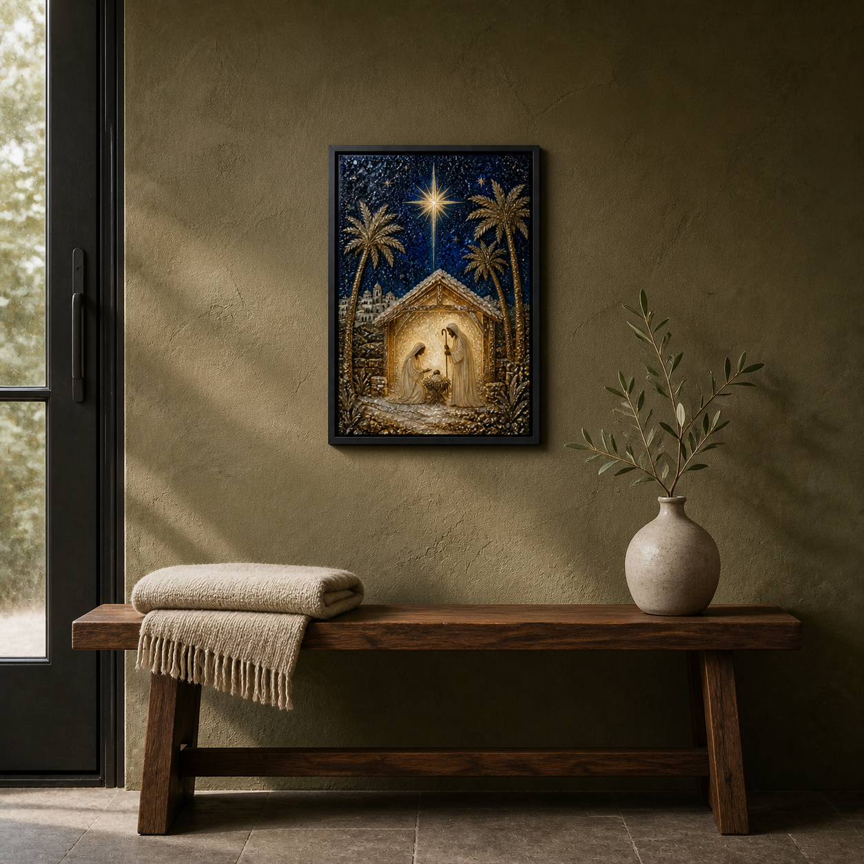Bethlehem Night framed relief art — styled interior