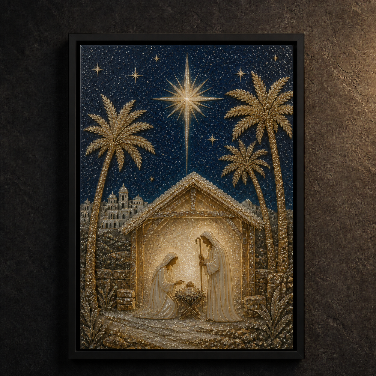 Bethlehem Night framed relief art — close-up detail