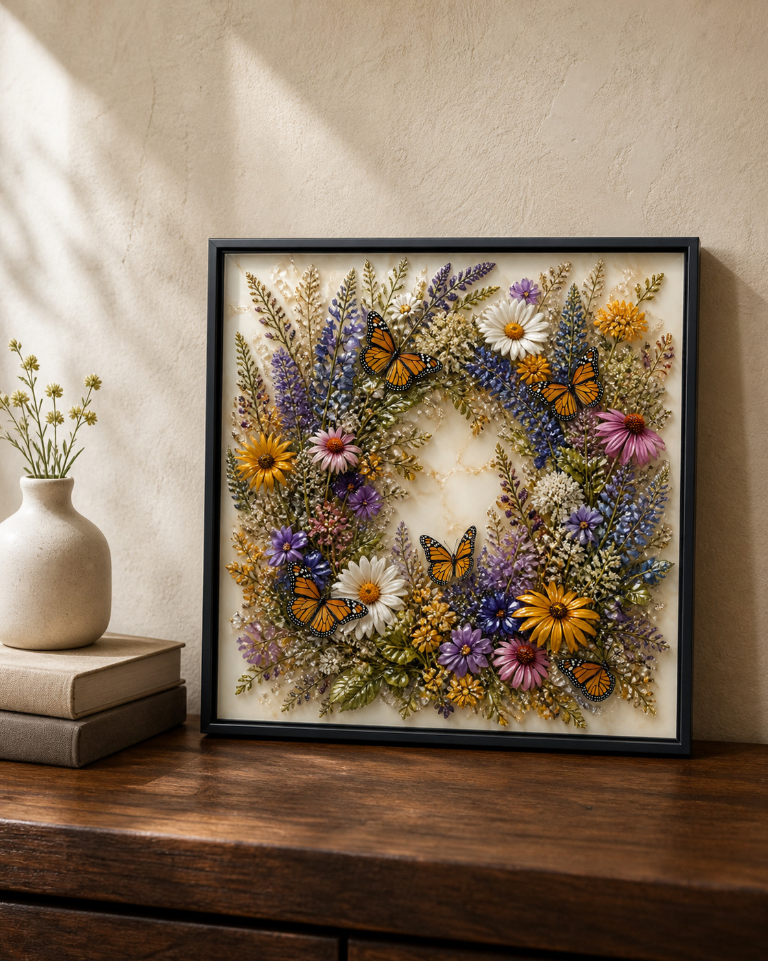 Monarch Butterfly Wreath framed relief art — lifestyle view