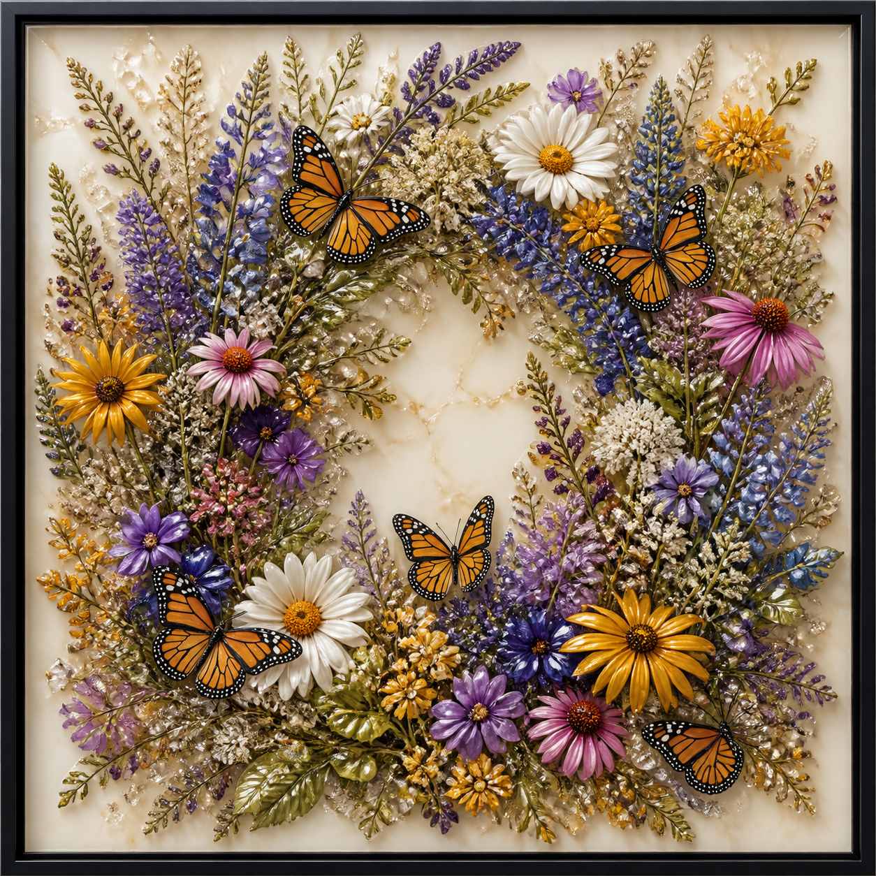 Monarch Butterfly Wreath framed relief art — front view