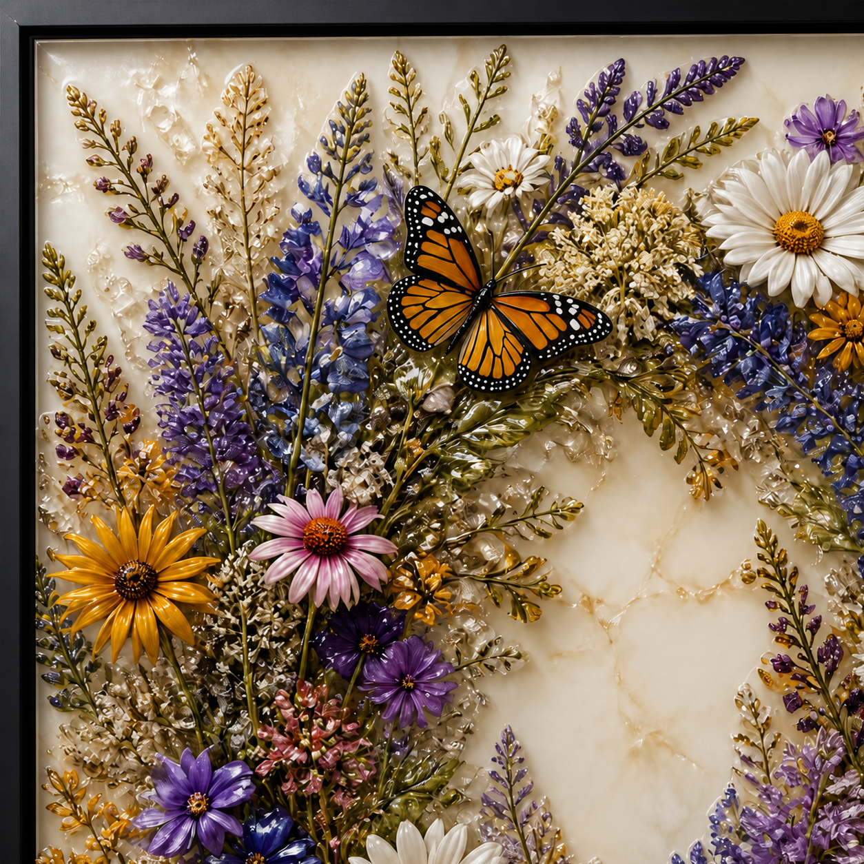 Monarch Butterfly Wreath framed relief art — relief lighting view
