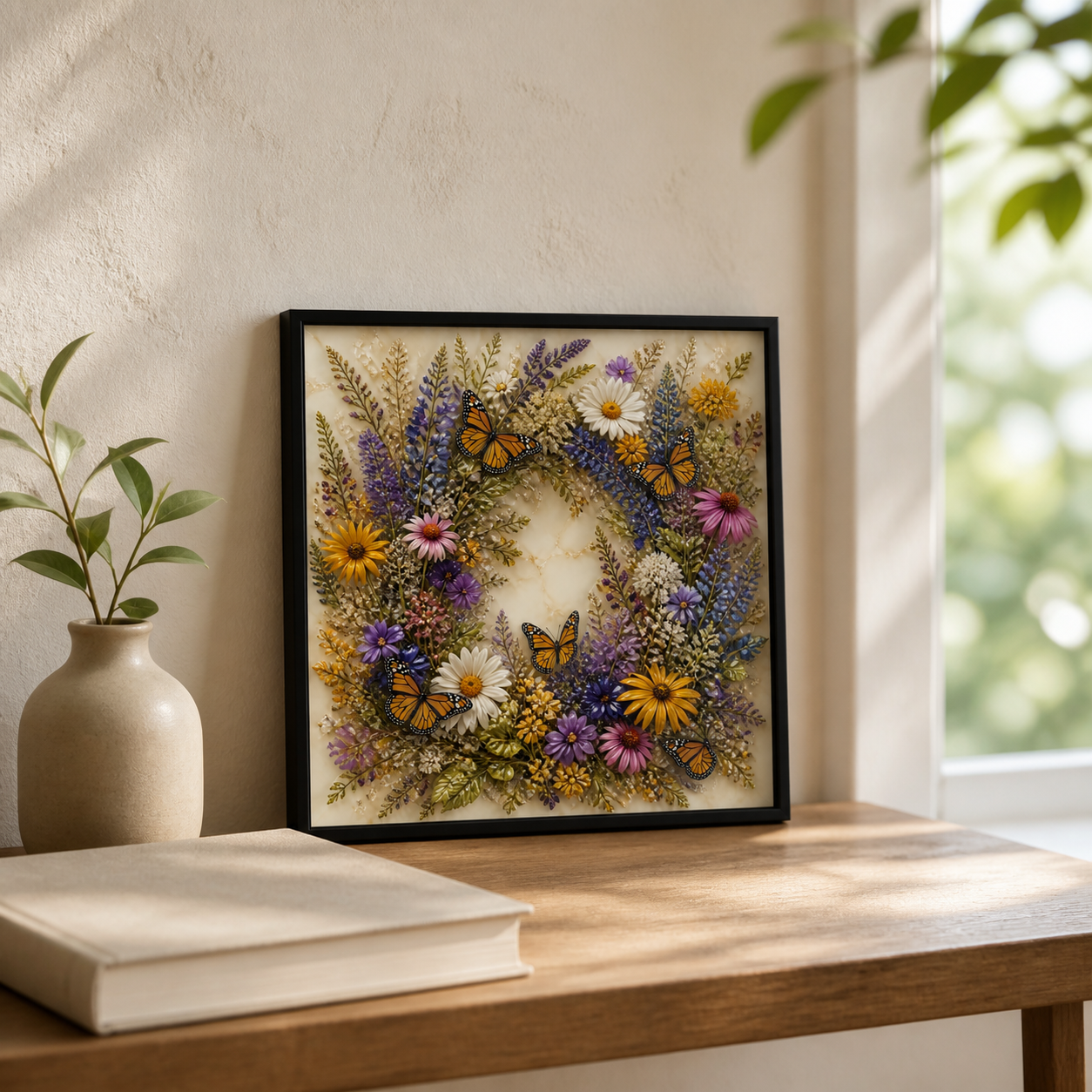Monarch Butterfly Wreath framed relief art — relief detail
