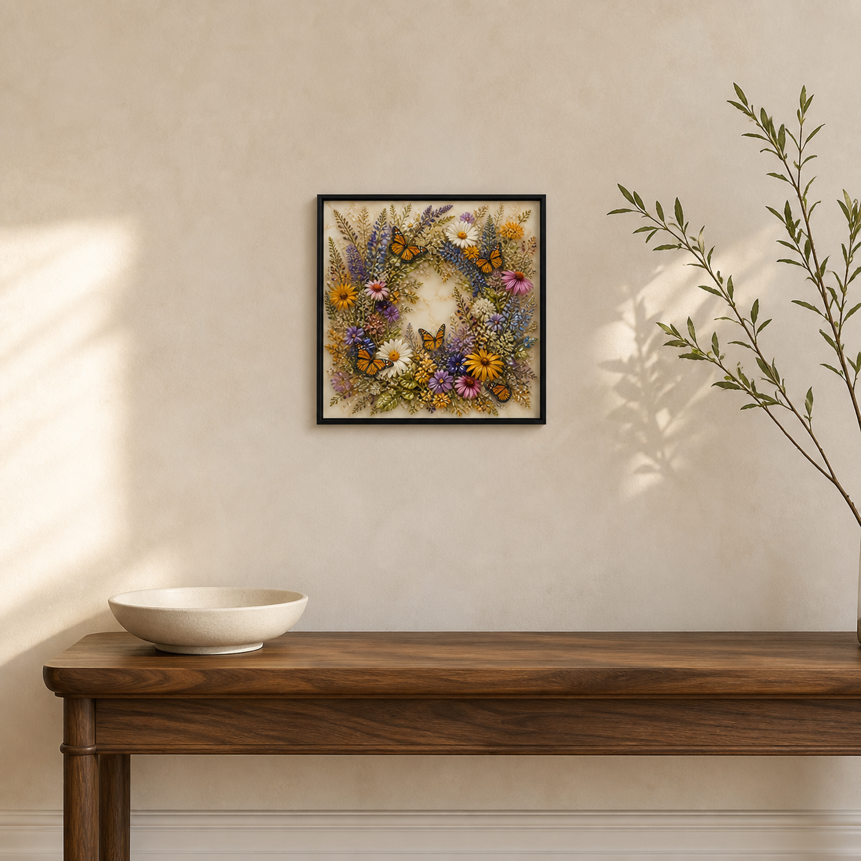 Monarch Butterfly Wreath framed relief art — room setting