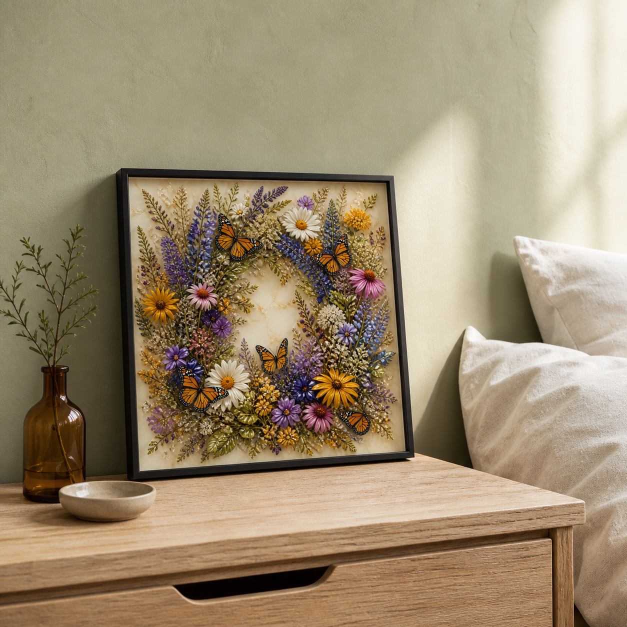 Monarch Butterfly Wreath framed relief art — alternate room setting